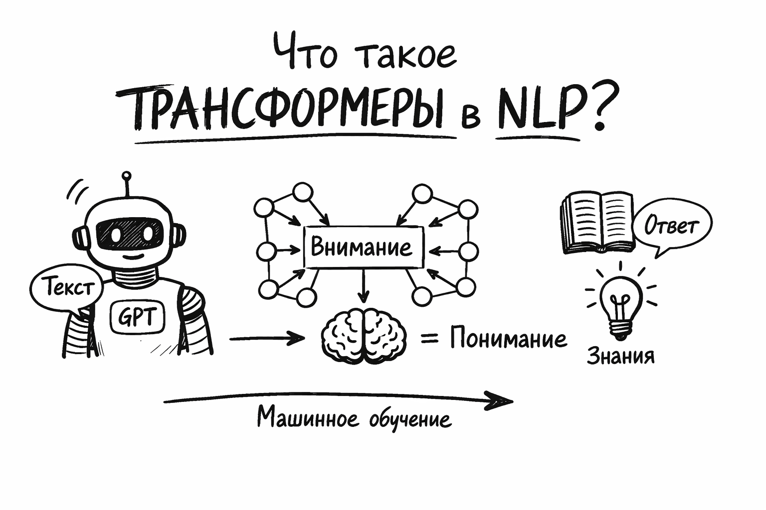 Нарисованная инфографика: что такое трансформеры в NLP — робот GPT, схема внимания, понимание и знания, подпись «машинное обучение».